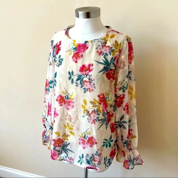 Loft shimmer floral chiffon ruffle puff sleeve blouse top 5725 - Picture 2 of 6